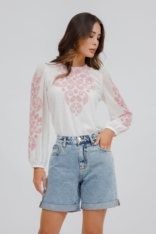 T-shirt Crepe Malha Paisley Manga Longa