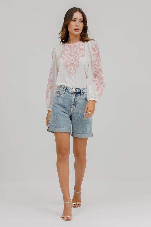 T-shirt Crepe Malha Paisley Manga Longa