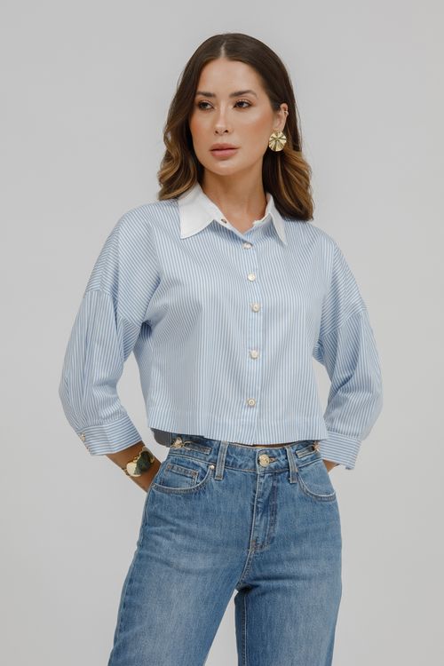 Camisa Cropped Listrada Gola Lisa