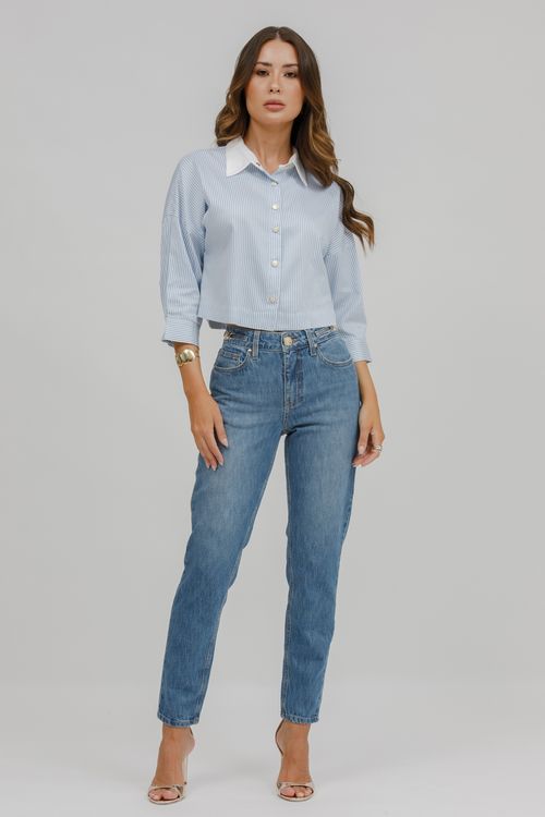 Camisa Cropped Listrada Gola Lisa