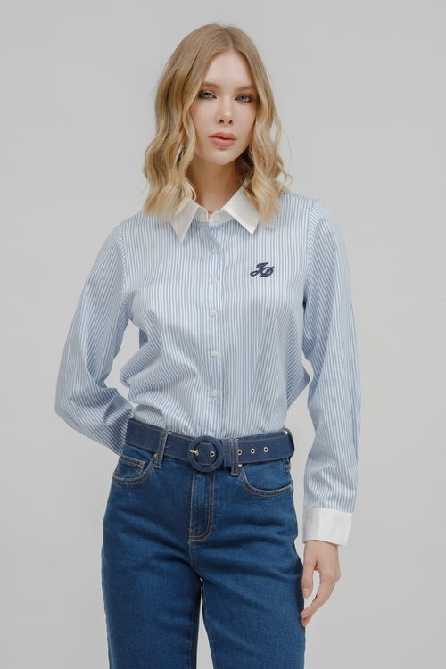 Camisa Feminina Listrada Gola Punho Liso
