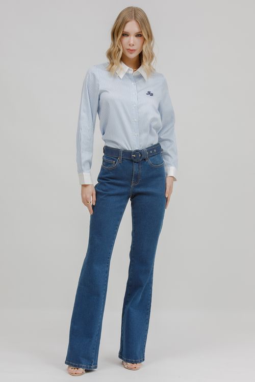 Camisa Feminina Listrada Gola Punho Liso