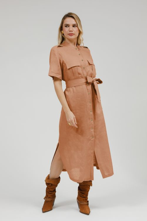 Chemise Midi Linho Com Bolsos E Cinto