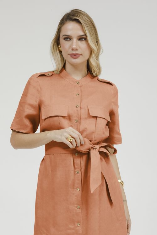 Chemise Midi Linho Com Bolsos E Cinto