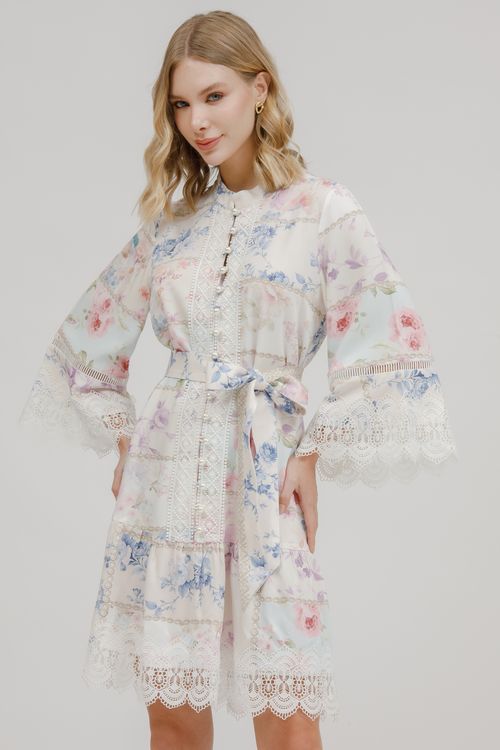 Vestido Curto Viscose Patchwork Faixa