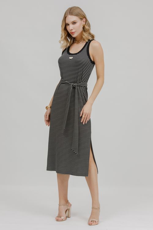 Vestido Regata Midi Listrado Com Faixa