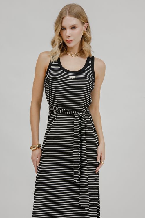 Vestido Regata Midi Listrado Com Faixa