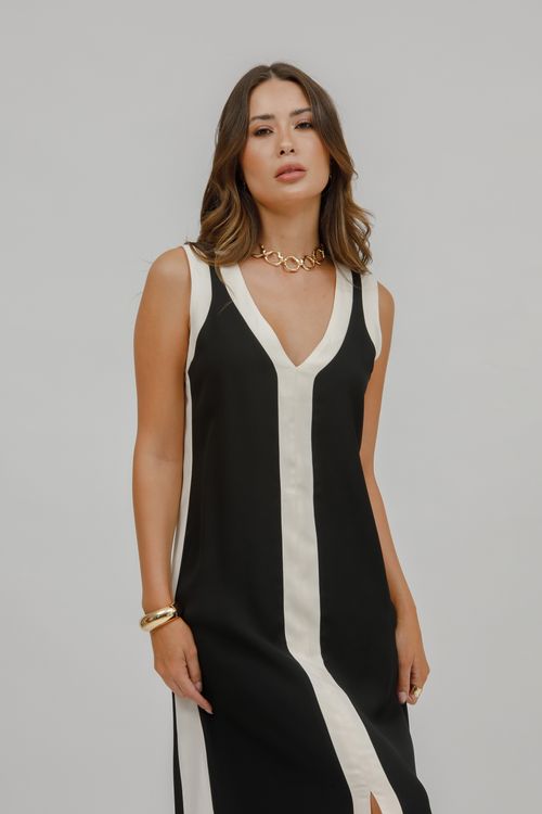 Vestido Longo Crepe Bicolor