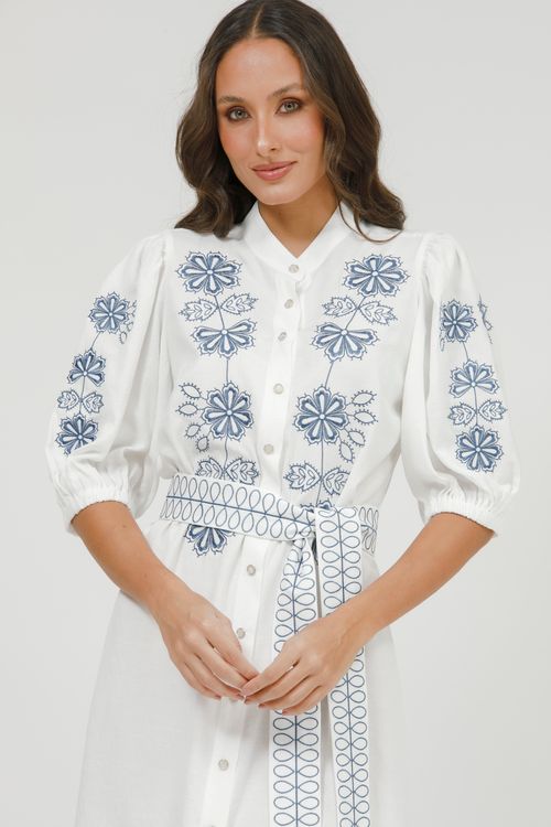 Vestido Midi Viscolinho Bordado E Faixa