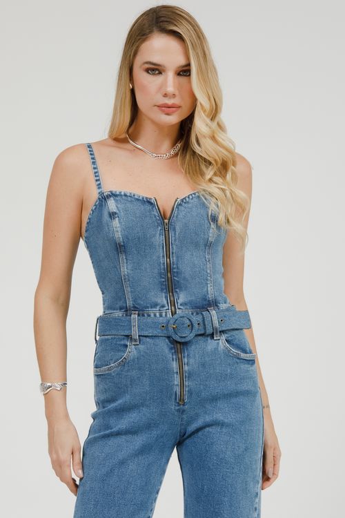 Macacão Jeans De Alça Wide Leg