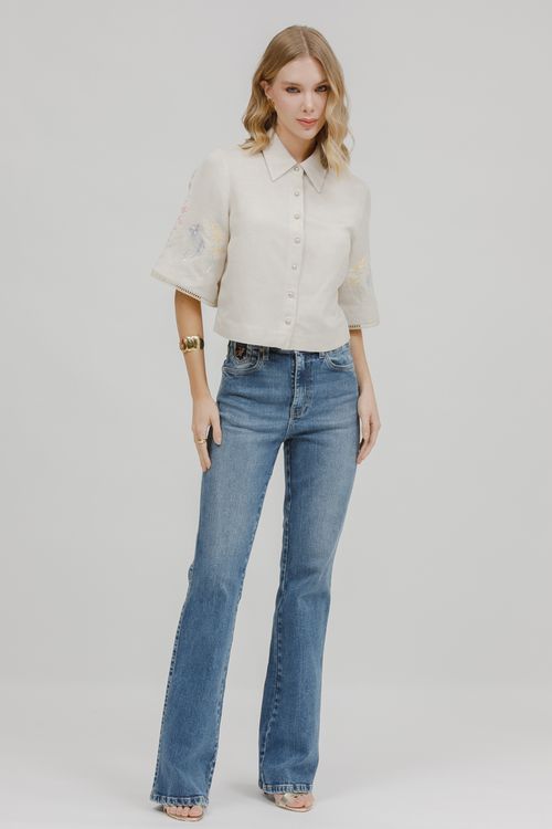 Camisa Cropped Linho Manga Bordada