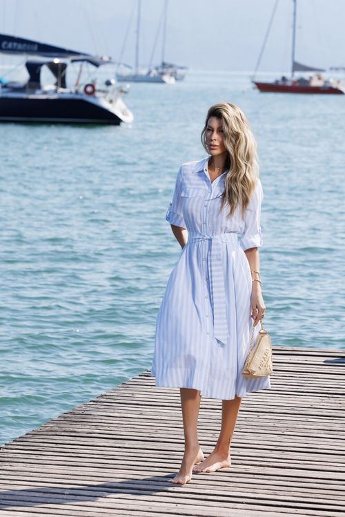 Chemise Midi Listrado Com Faixa
