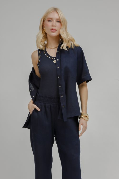 Camisa Feminina Puro Linho Com Bolsos