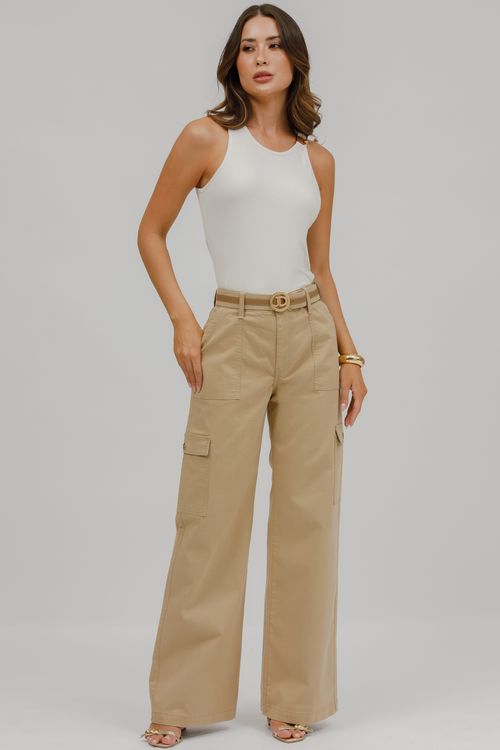 Calça Feminina Sarja Cargo Wide Leg