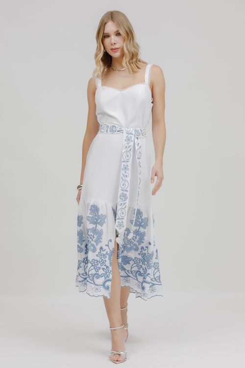 Vestido Midi Alça Tecido Bordado E Faixa