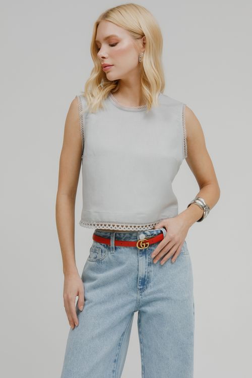 Regata Cropped Viscolinho Com Rendas