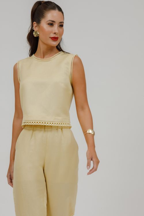 Regata Cropped Viscolinho Com Rendas