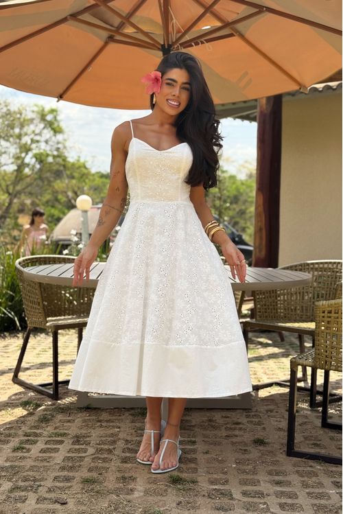 Vestido Alça Midi De Laise Barra Lisa