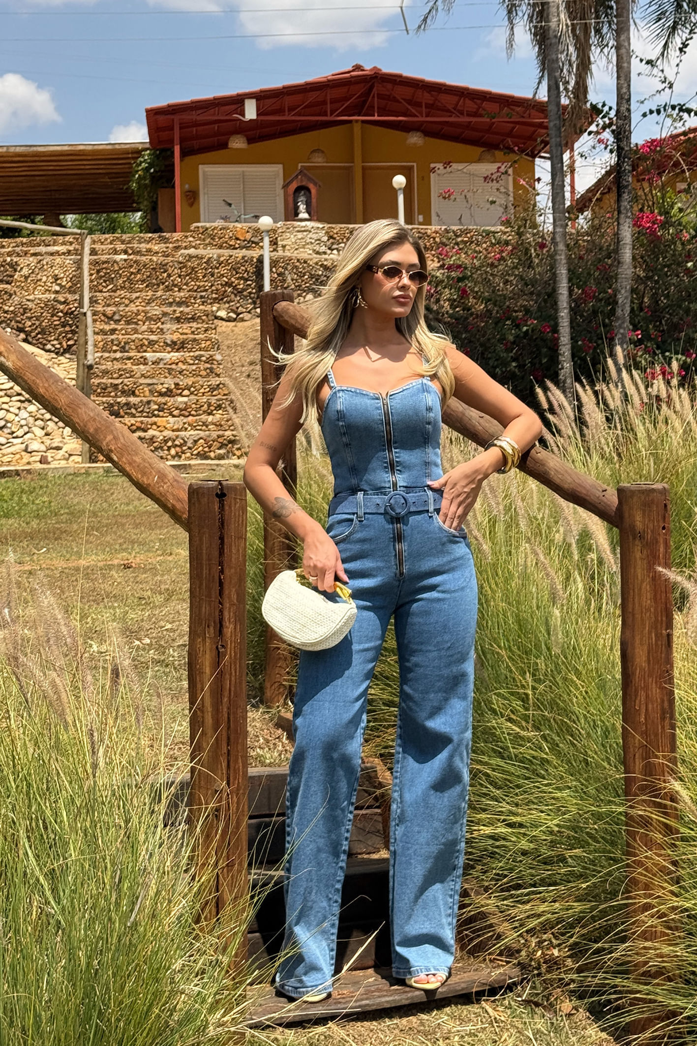 Macacão Jeans De Alça Wide Leg - Jean Darrot