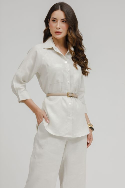 Camisa Feminina Linho Com Bolsos