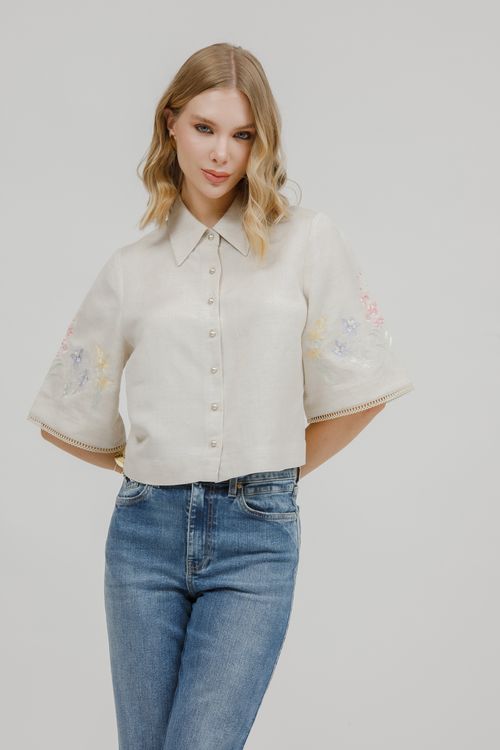 Camisa Cropped Linho Manga Bordada