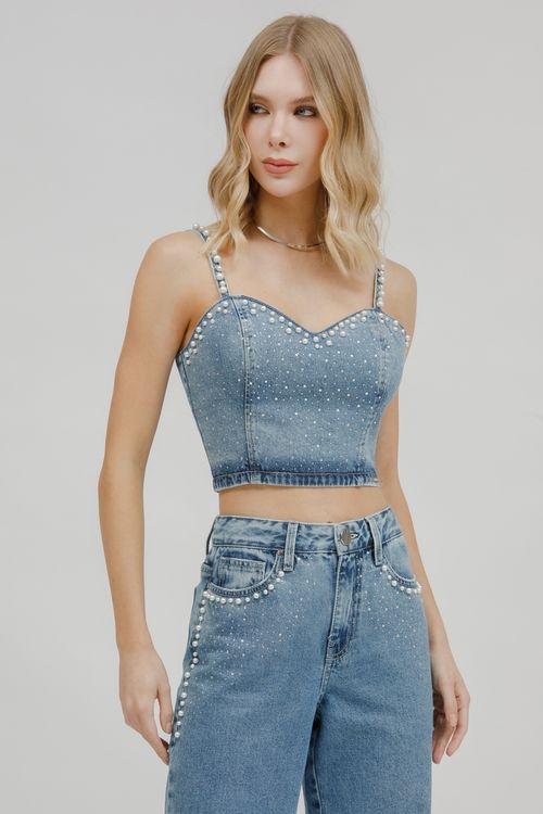 Top Feminino Jeans Cropped Com Perolas