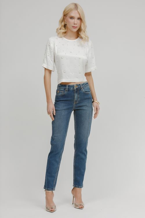Blusa Cropped Viscose E Malha Com Pérola