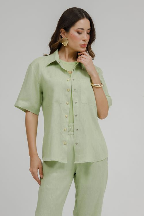 Camisa Feminina Puro Linho Com Bolsos