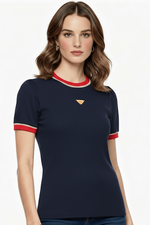 Blusa Malha Canelada Tricolor E Metal