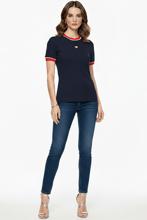 Blusa Malha Canelada Tricolor E Metal