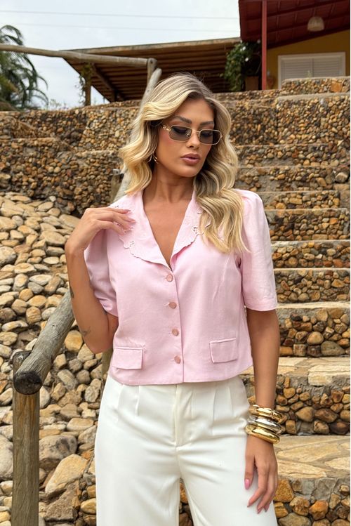 Blazer Cropped Viscolinho Com Bordado