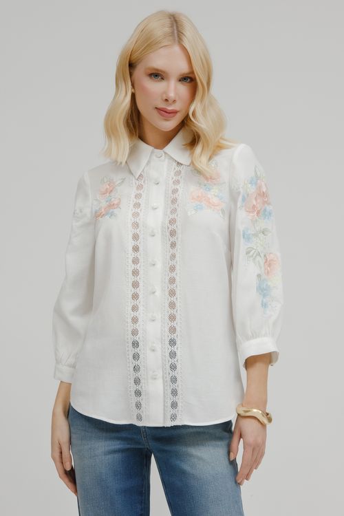 Camisa Feminina Com Bordado E Guipure