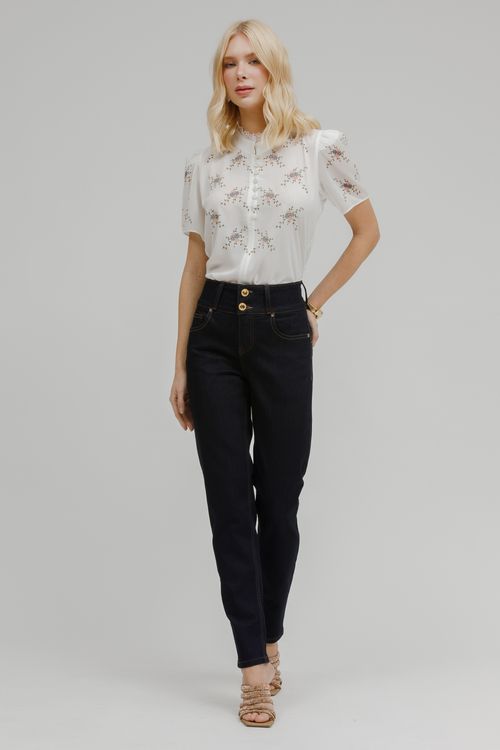 T-shirt Crepe E Malha Floral Com Botões