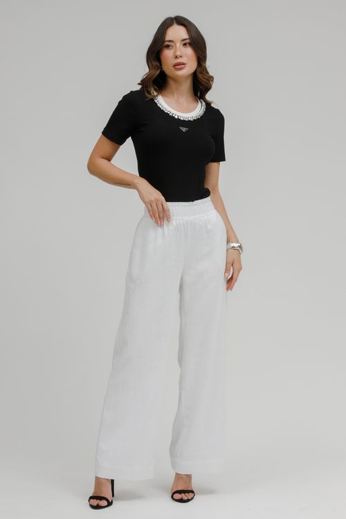 Calça Puro Linho Wide Leg Cós Elástico