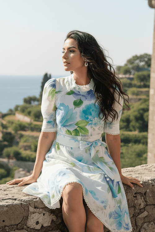 Vestido Curto Viscose Com Babado E Faixa