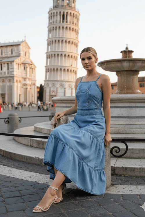 Vestido Jeans Midi De Alça Bordado