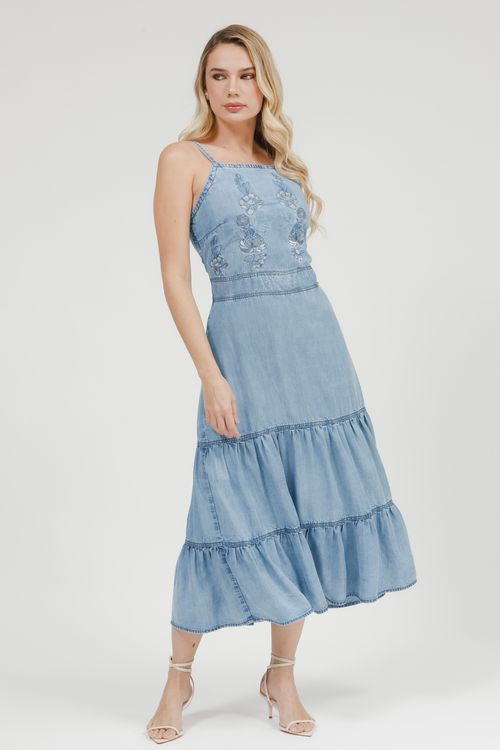 Vestido Jeans Midi De Alça Bordado