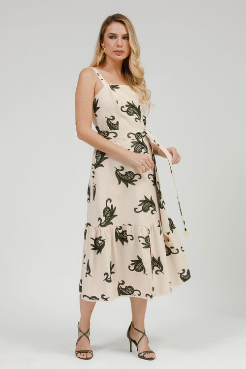Vestido Midi Alça Voil Bordado Com Faixa