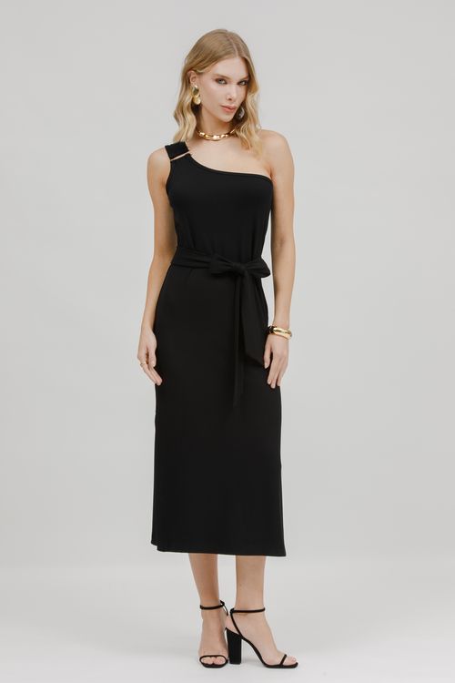 Vestido Midi Malha Decote Assimétrico