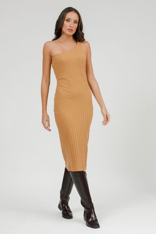 Vestido Midi Malha Assimétrico Com Metal