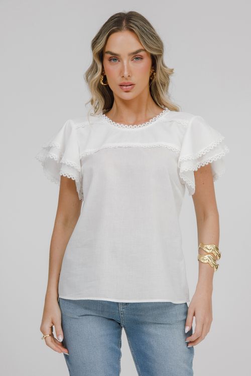 Blusa Cambraia Algodão Babados E Renda