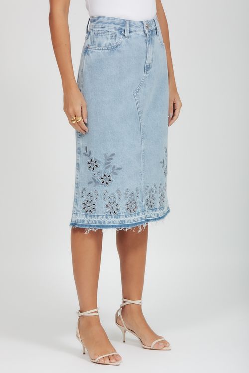 Saia Jeans Midi Bordada