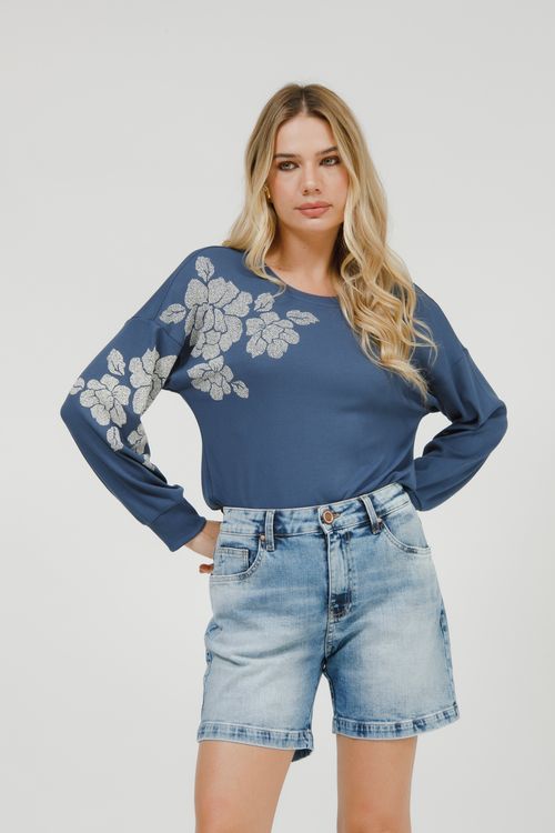 Blusa Malha Tricot Manga Longa Com Flor