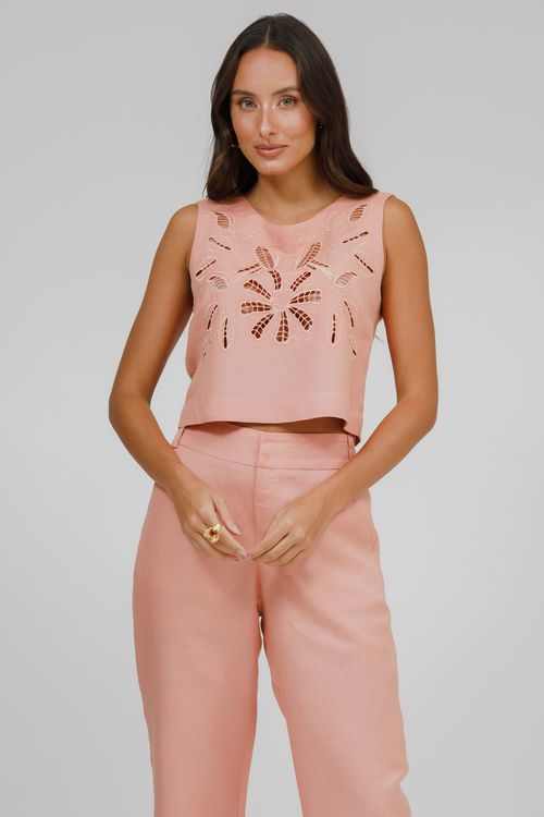 Regata Cropped Linho Bordado Richelieu