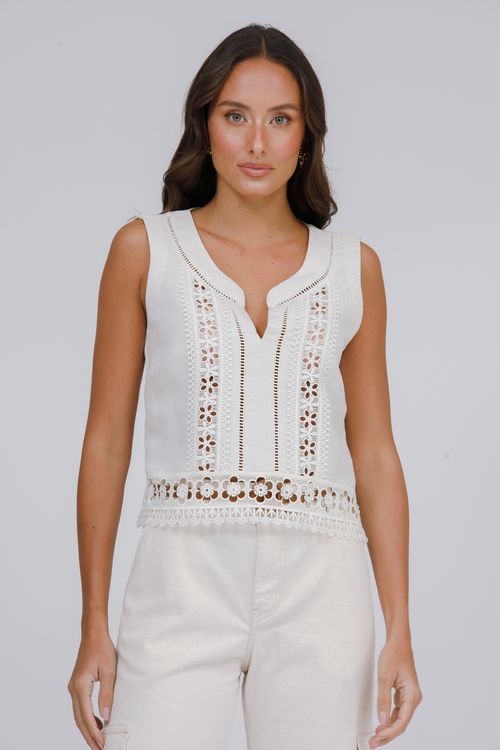Regata Cropped Viscolinho Com Rendas