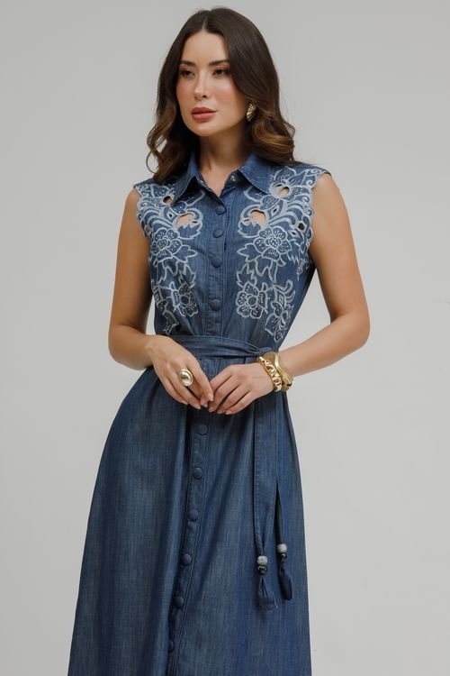 Chemisie Jeans Longo Evase Bordado