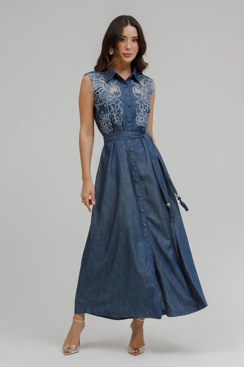 Chemisie Jeans Longo Evase Bordado