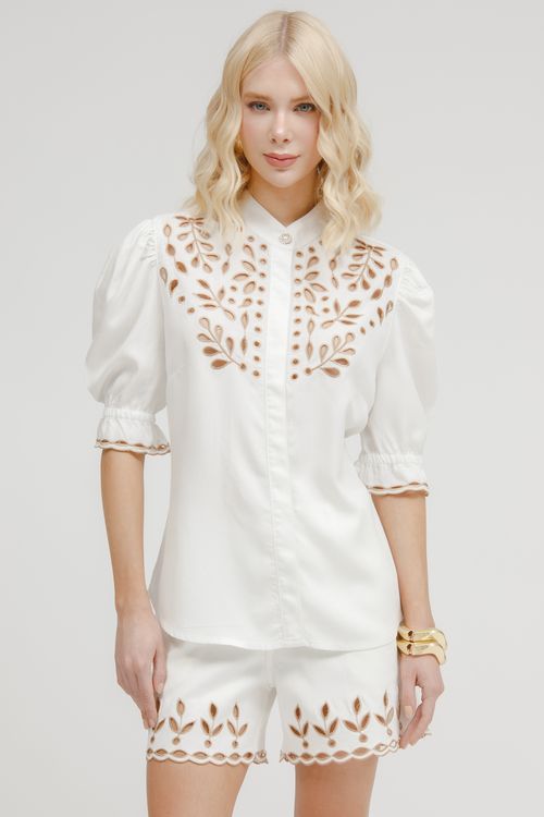 Blusa Feminina Sarja Manga Curta Bordada