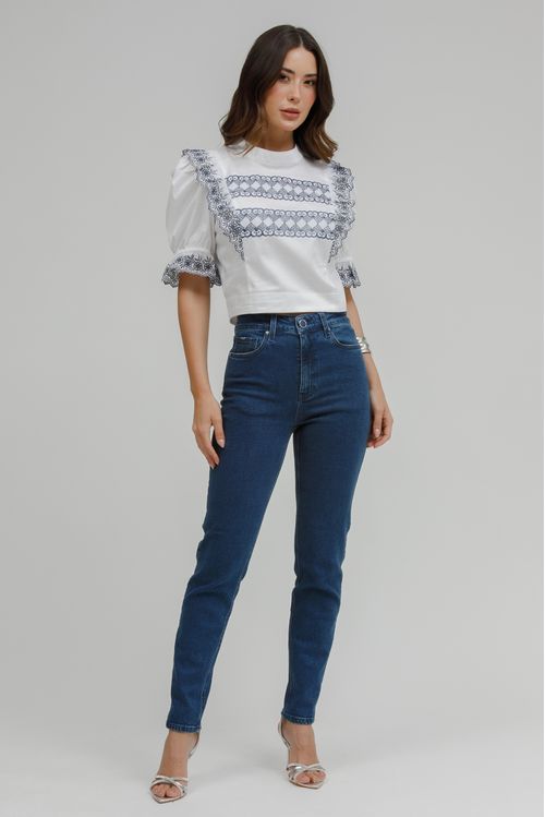Blusa Cropped Tricoline Com Tira Bordada