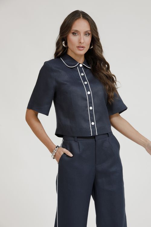 Camisa Cropped Puro Linho Com Vivos